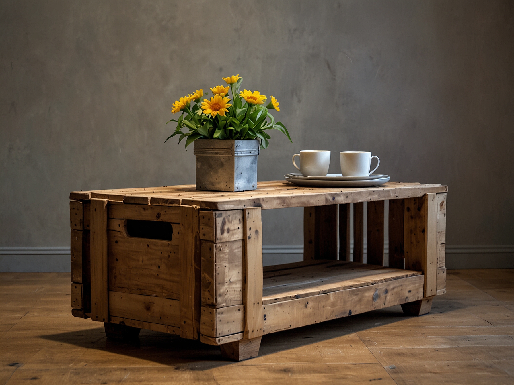 Creative use of recycled materials showcased as unique furniture pieces, like a coffee table made from an old wooden crate, illustrating eco-friendly home decor solutions.