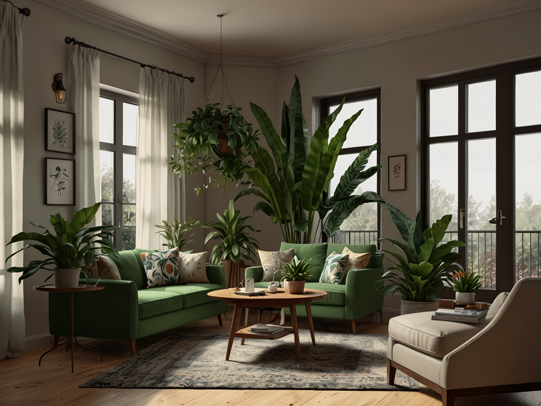 A cozy corner adorned with plants like snake plant and jade plant, providing a touch of nature to the interior, showcasing how greenery can enhance home aesthetics.