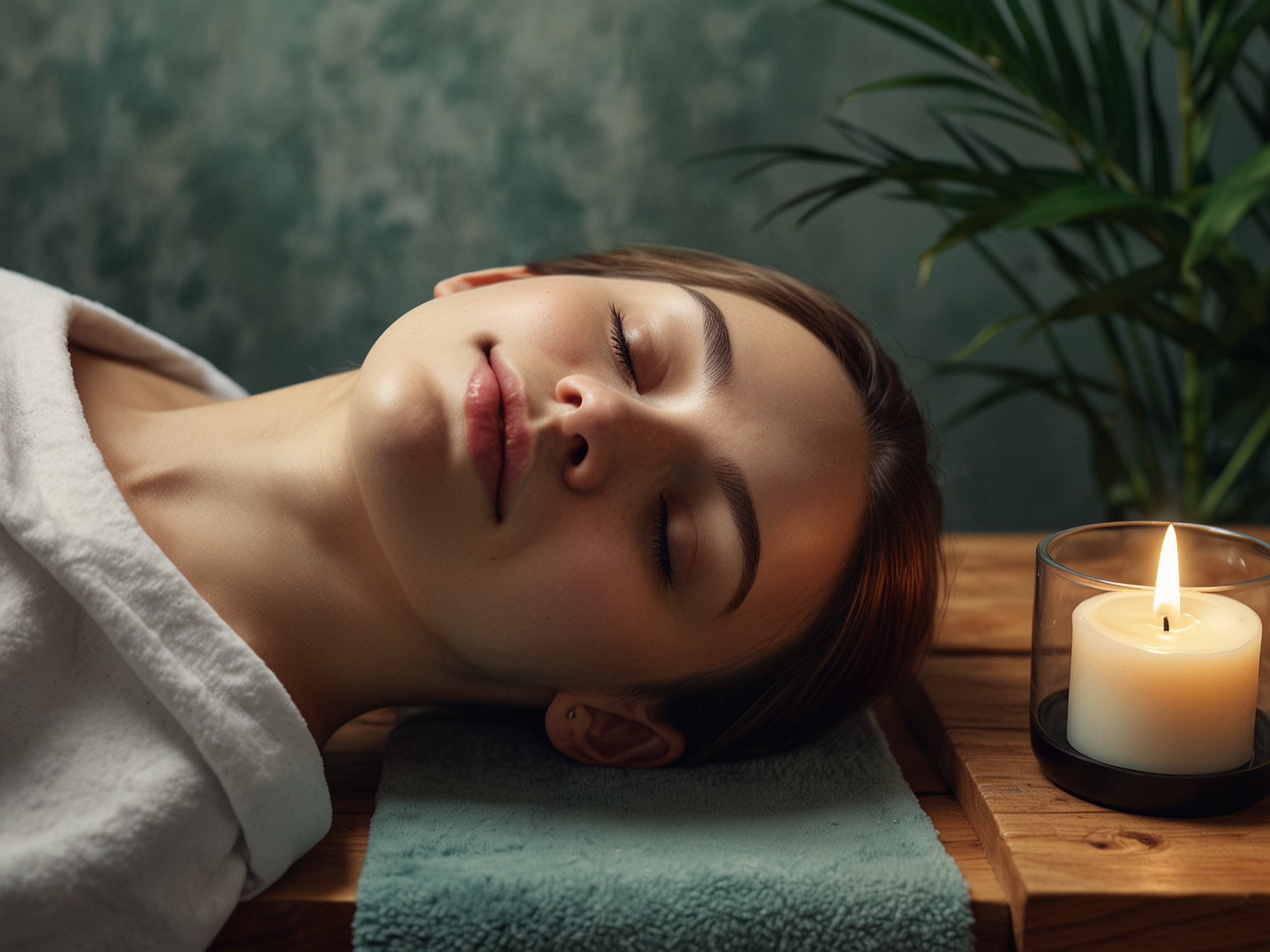 An inviting spa environment with soothing colors, where a client is receiving a facial massage that emphasizes relaxation and rejuvenation.