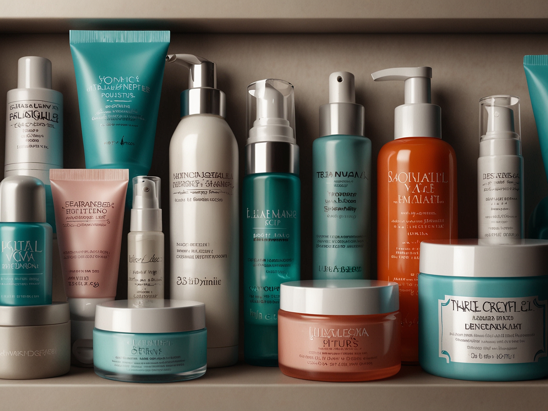 A close-up of various skincare products neatly arranged, showcasing cleansers, scrubs, masks, and moisturizers tailored for different skin types and needs.