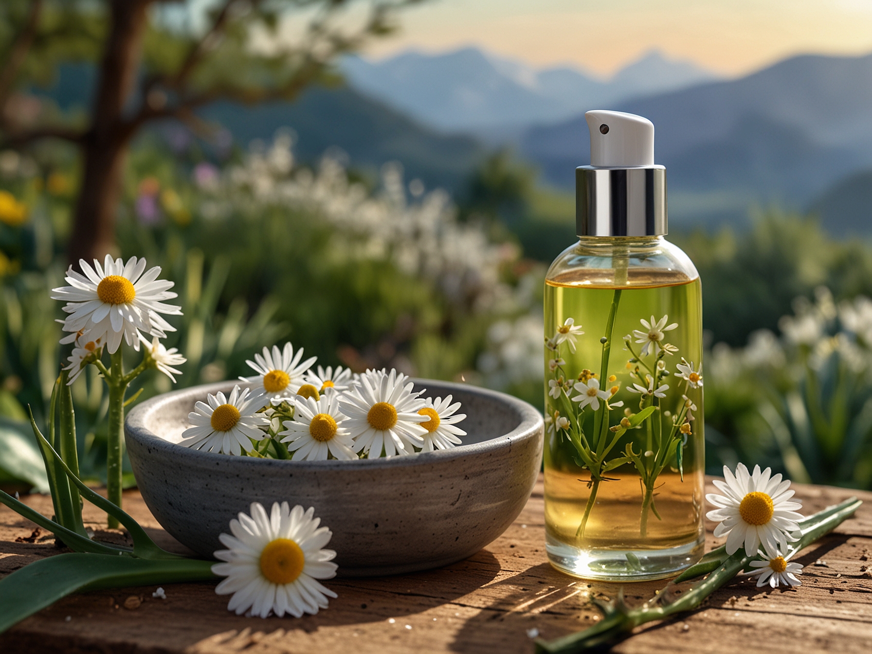 A serene spring scene with blooming flowers, showcasing natural beauty products like aloe vera and chamomile for skin rejuvenation. Ideal for spring skincare routines.