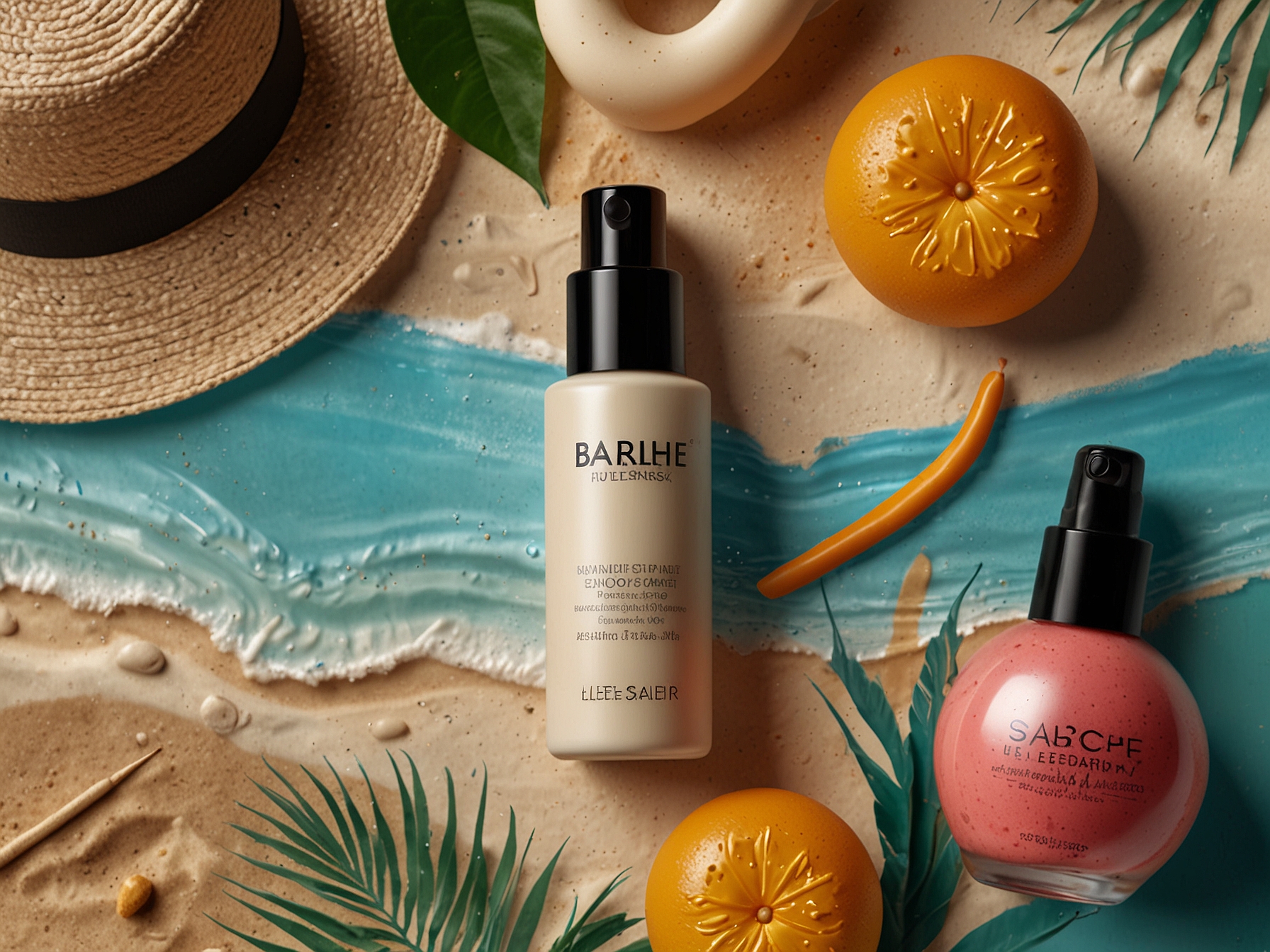 A bright summer setup with light foundation and makeup products, plus a refreshing face mist surrounded by sun and beach elements to illustrate summer beauty essentials.