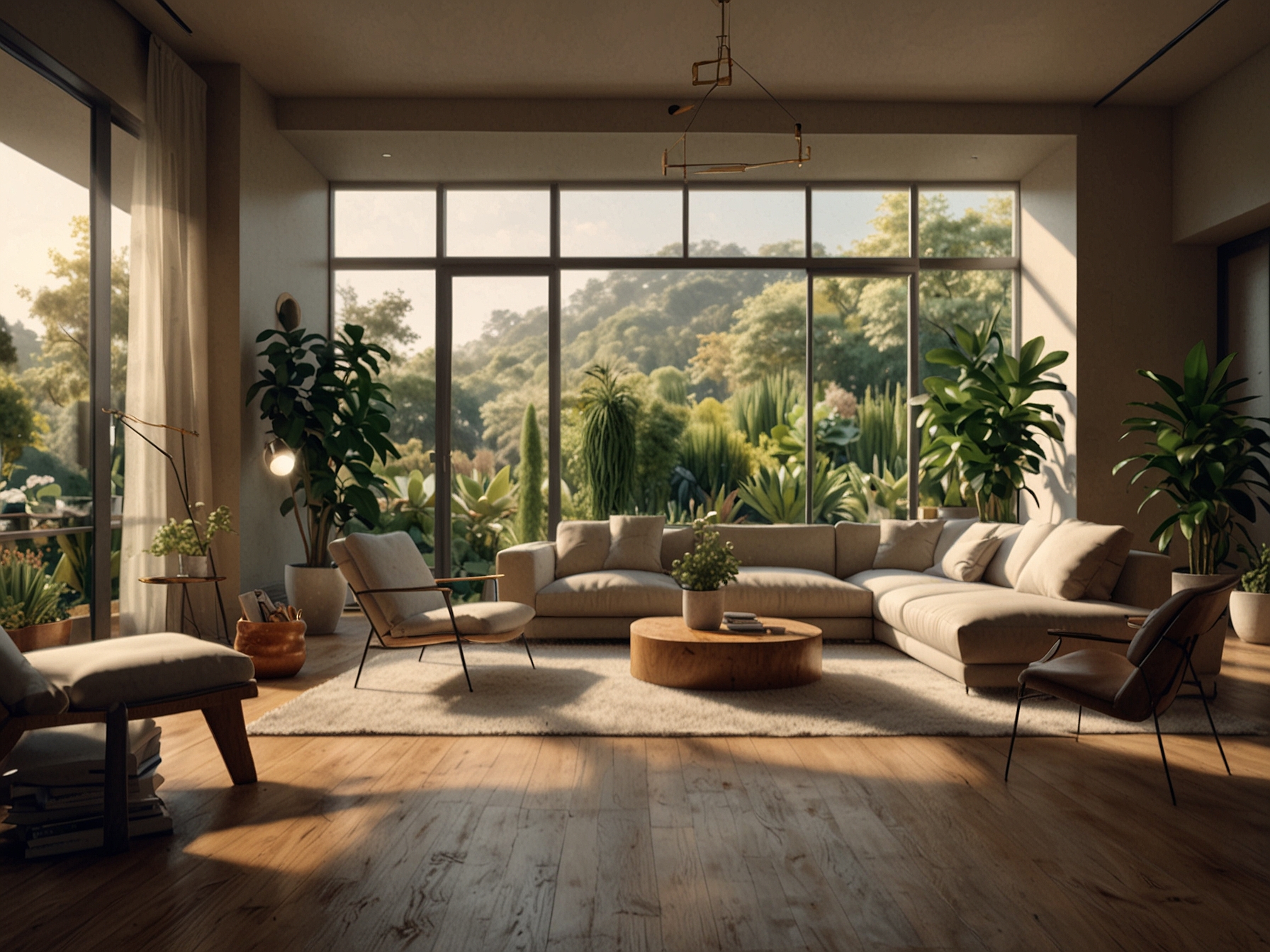 A serene living space with minimal decor, featuring natural light and plants, illustrating the essence of a peaceful and simplified home environment.