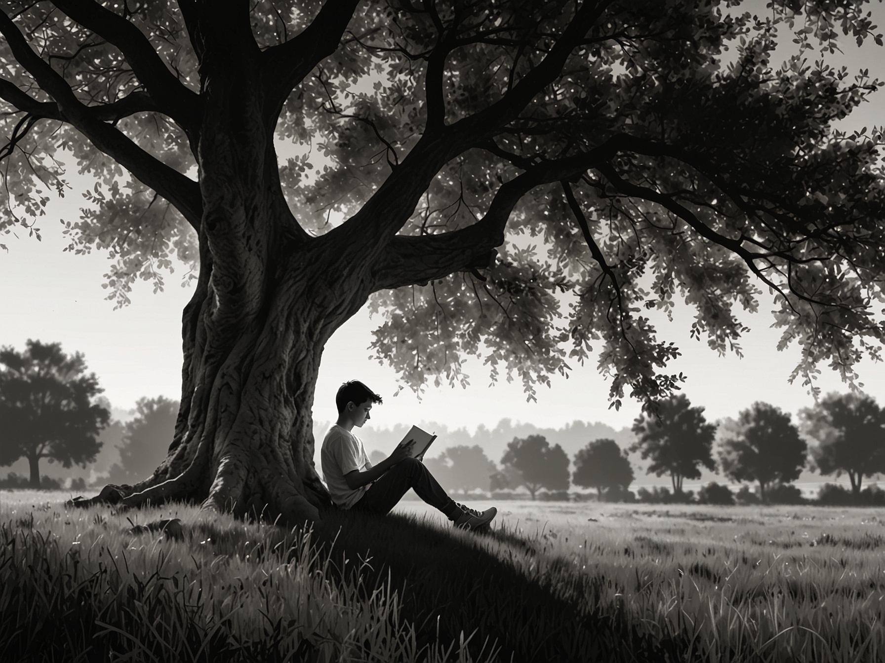 An individual enjoying a quiet moment in nature, reading a book under a tree, representing the importance of reconnecting with nature for a balanced life.