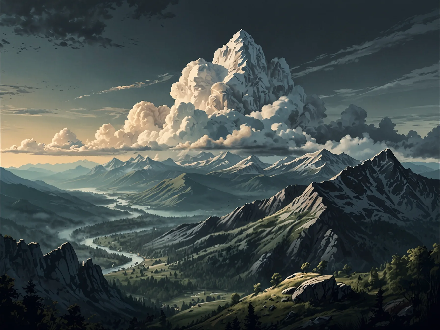 A breathtaking view from the top of a mountain, showcasing the beauty of nature, with clouds and valleys stretching out below, inspiring the spirit of adventure.