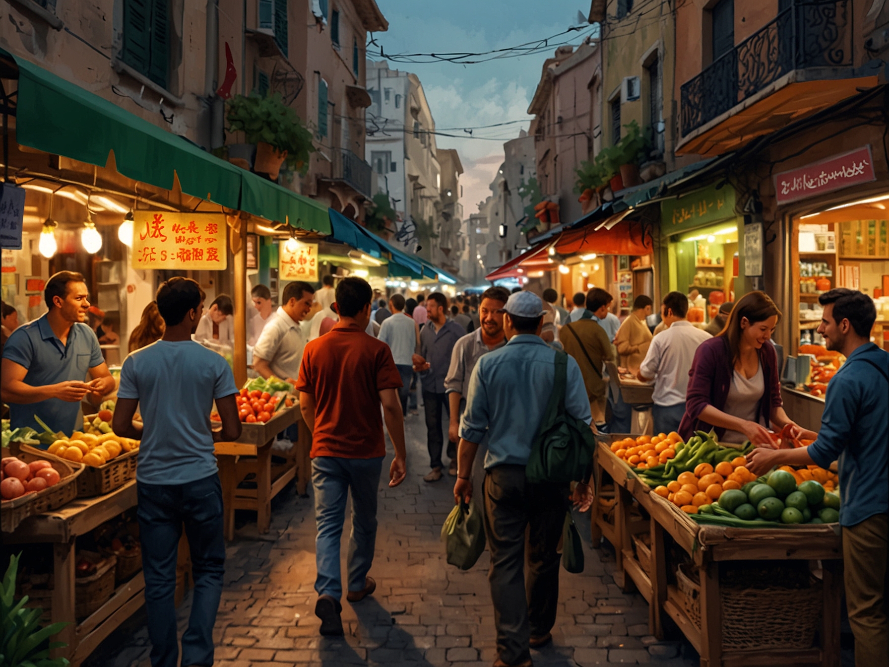 A bustling street market in a foreign city, filled with vibrant colors, local delicacies, and friendly locals engaging with travelers, capturing the essence of cultural exchange.