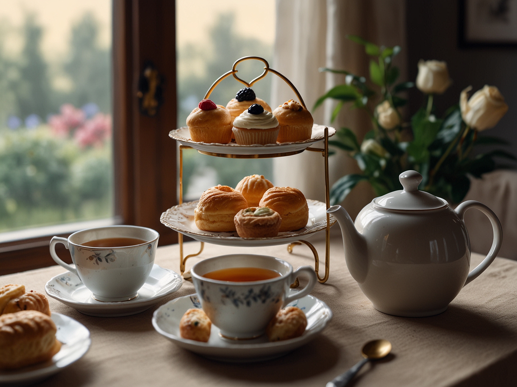 A cozy afternoon tea setup with a delicate teapot, elegant cups, and a variety of sweet pastries, creating a serene atmosphere perfect for relaxation.