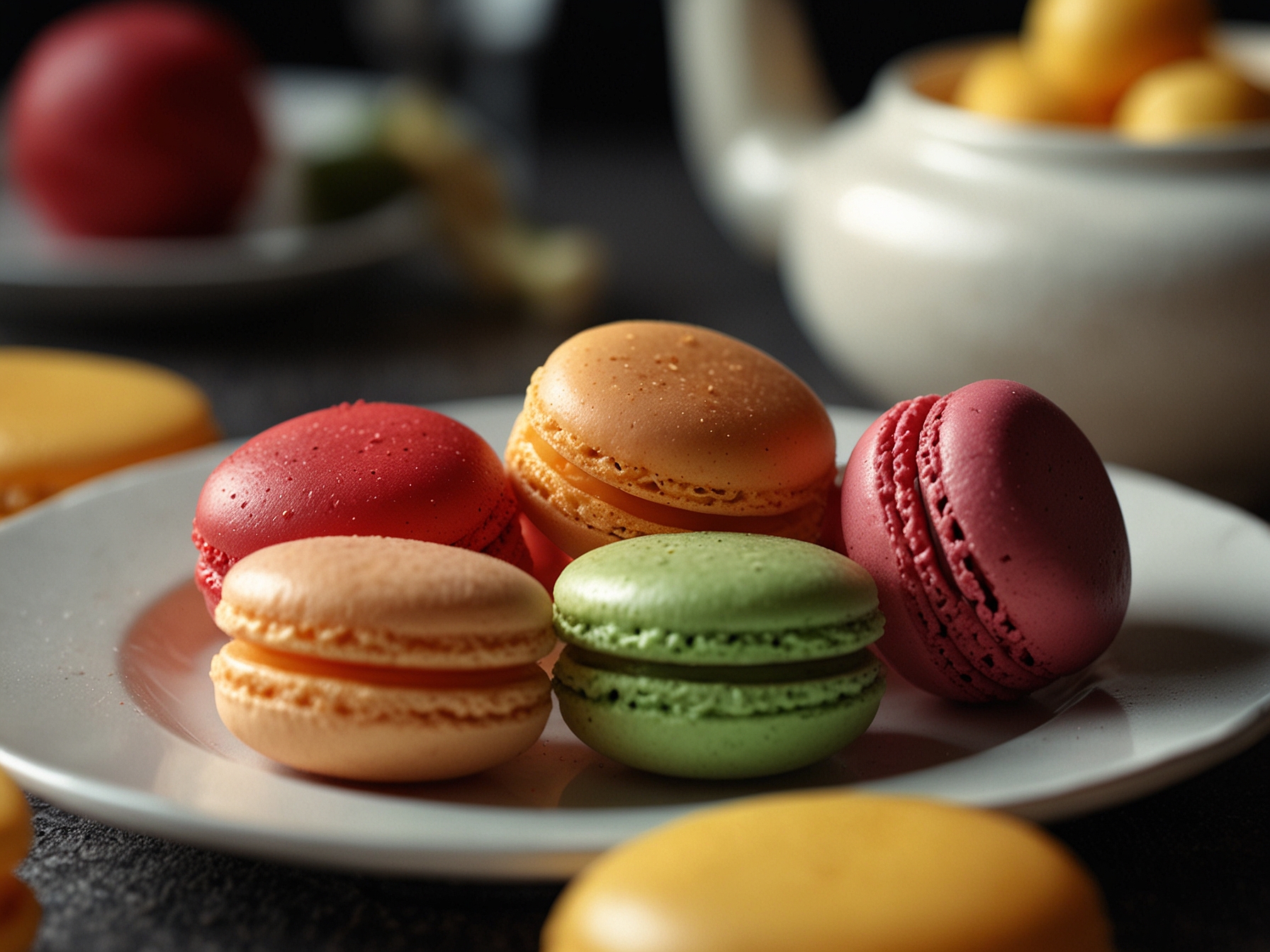 A close-up of a beautifully arranged plate of macarons and fruit, beautifully presenting the joy and aesthetic of afternoon tea indulgence.