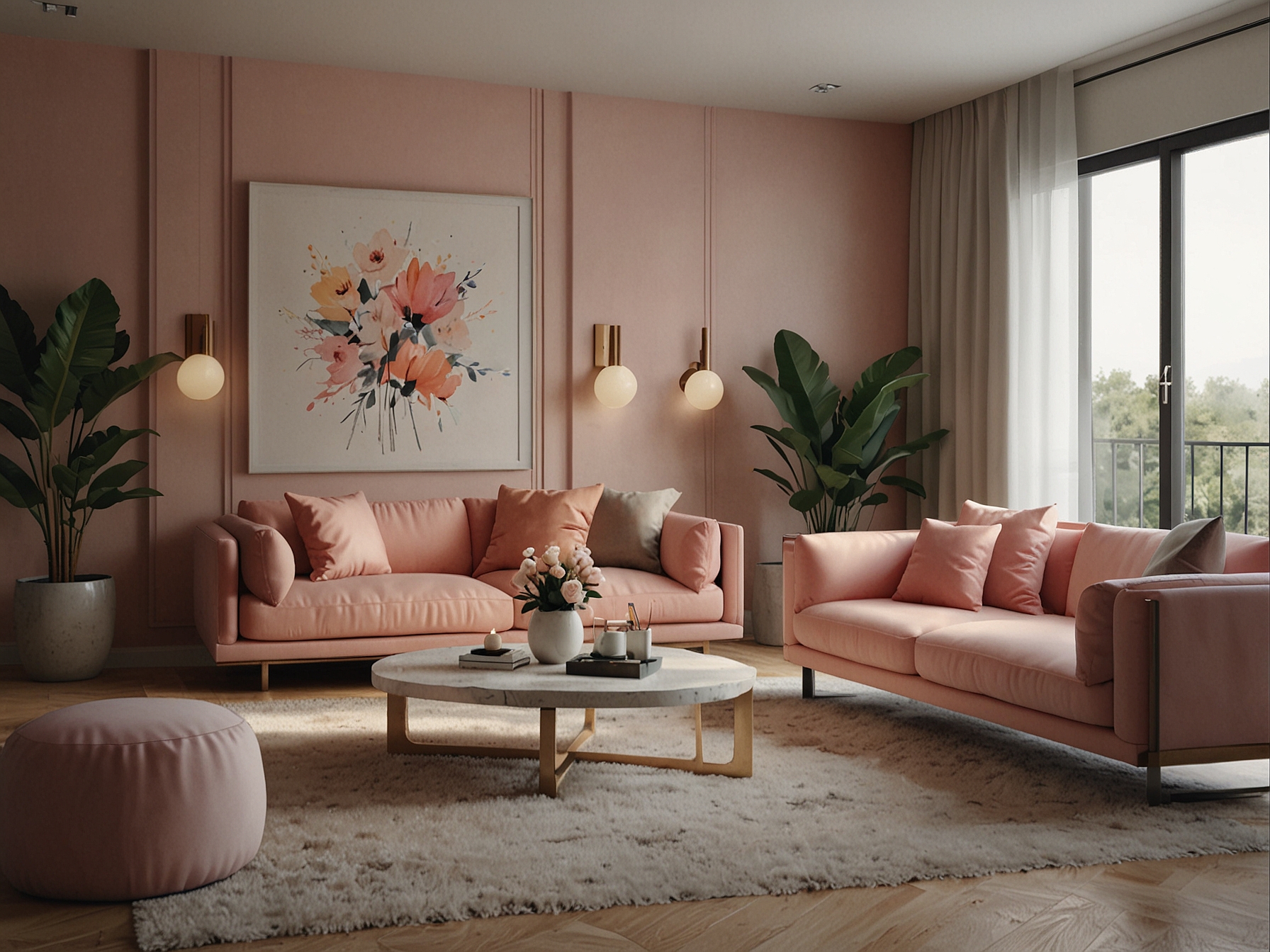 A beautifully decorated living room featuring a modern minimalist style, with soft pastel colors, stylish furniture, and subtle decorative elements, creating a cozy atmosphere.