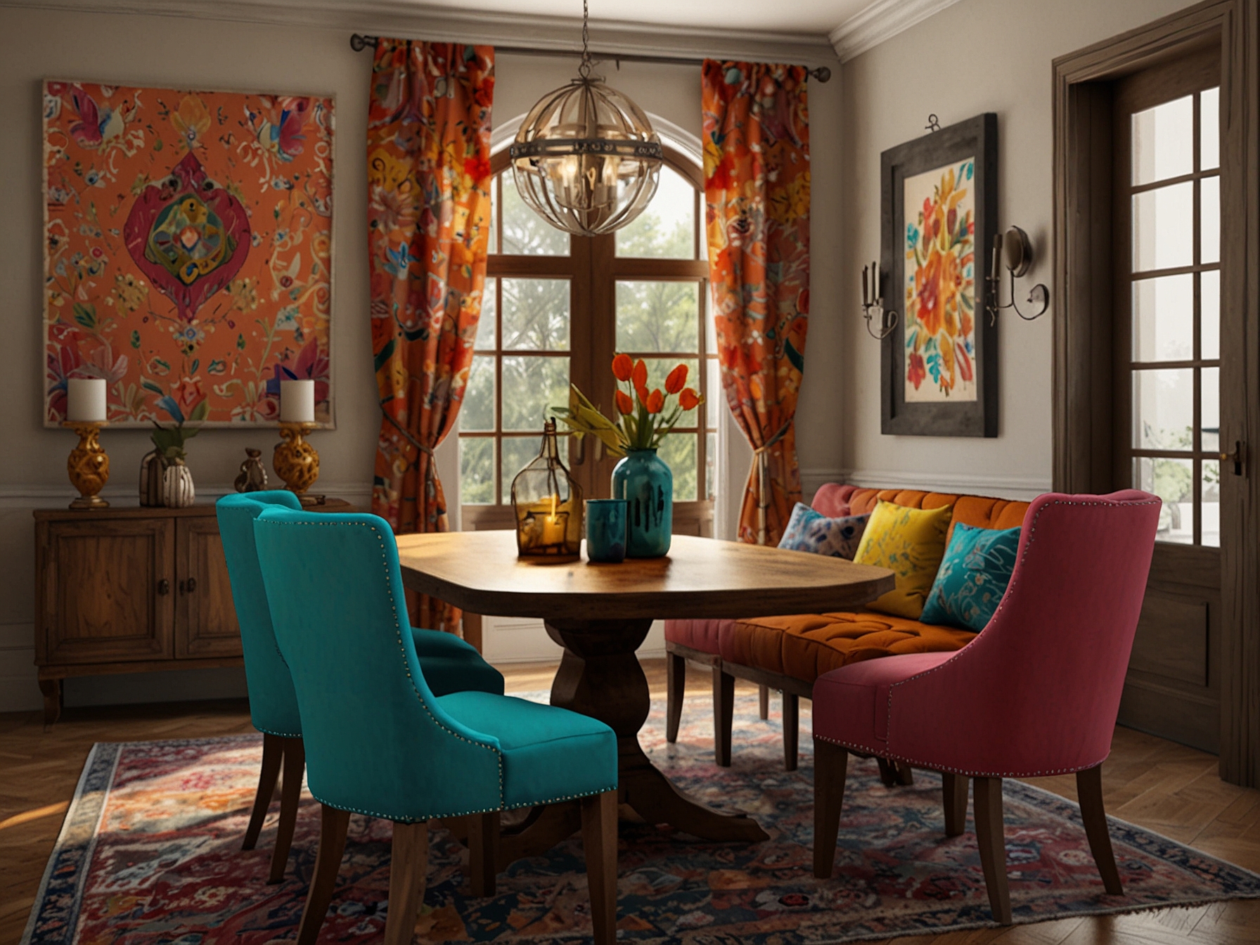 An inviting dining area filled with vibrant bohemian decor, showcasing colorful textiles and unique artwork that brings energy and creativity to the space.