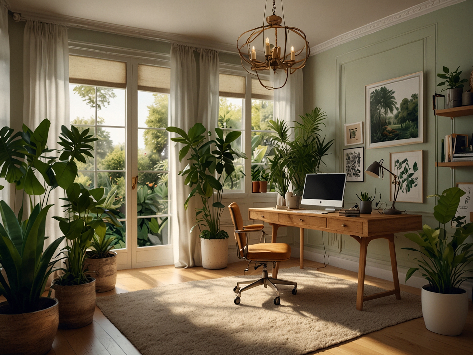 A bright and airy workspace adorned with plants, decorative lamps, and personal memorabilia, illustrating how greenery and thoughtful design enhance the home office experience.