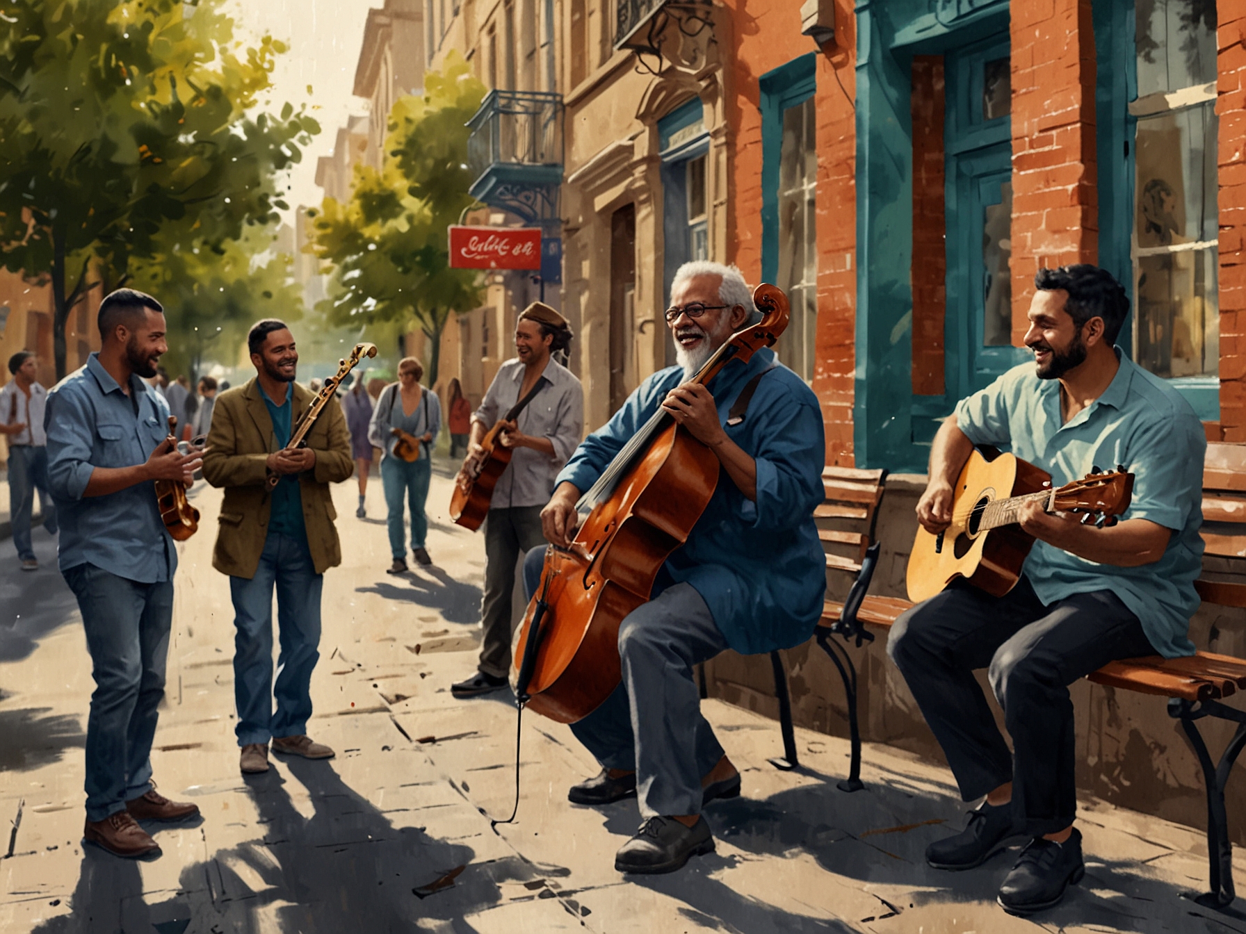 A vibrant street scene with musicians playing joyful melodies that uplift the atmosphere, showing how music can brighten a seemingly dull day.