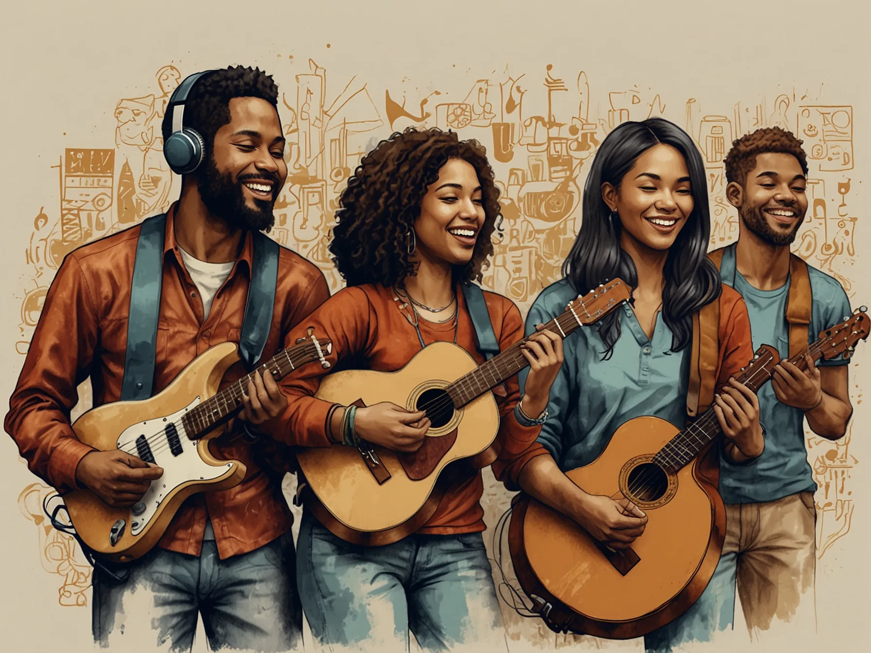 A diverse group of people from different cultures sharing and enjoying music together, representing the cultural exploration and connection through music.