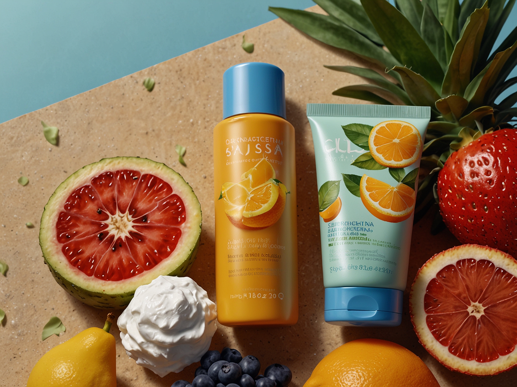 An illustration of summer skincare essentials, emphasizing hydration and sun protection. The image includes sunscreen, refreshing masks, and vibrant summer fruits, conveying a sense of warmth.