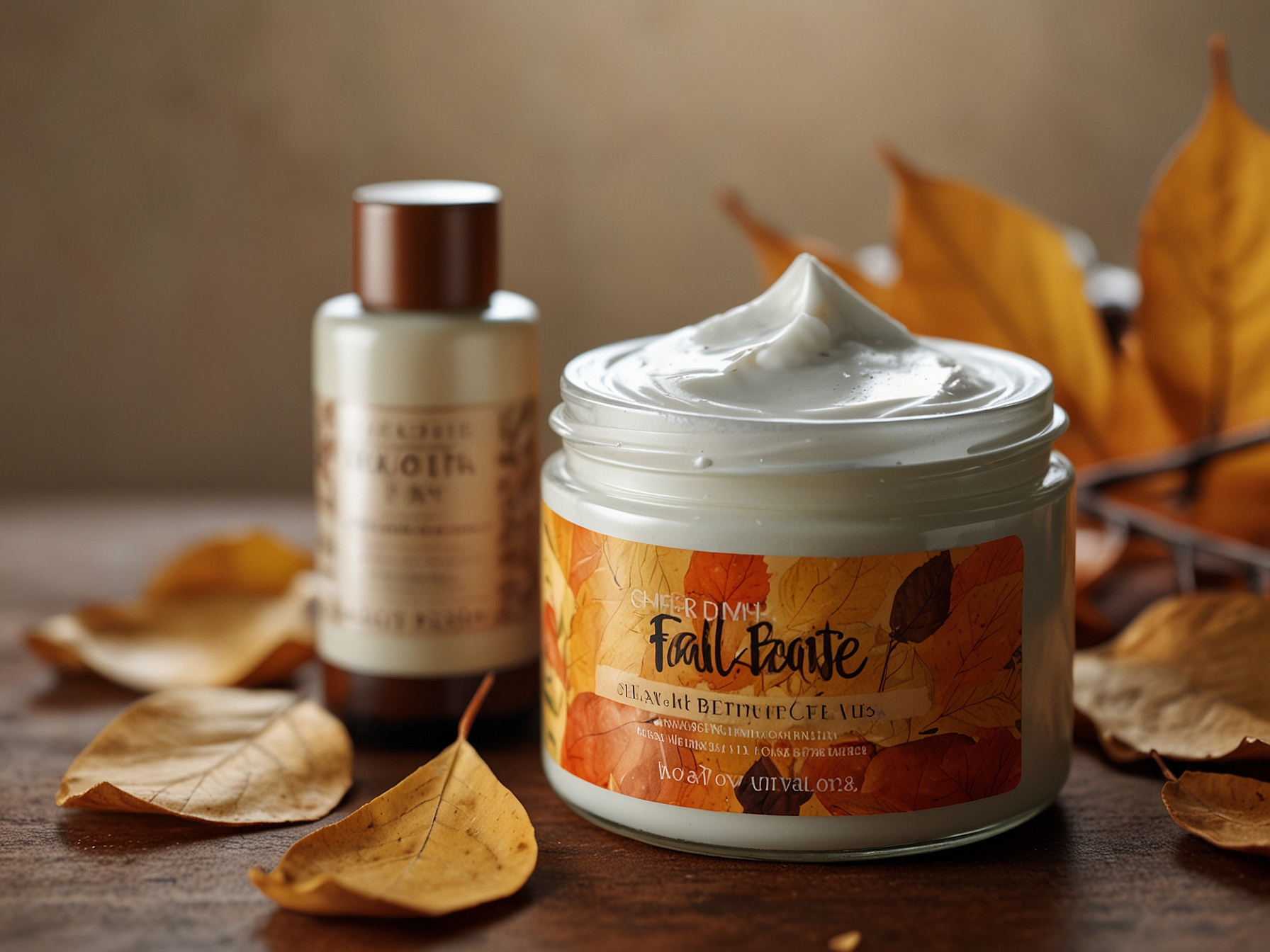 A cozy fall skincare scene with moisturizing products such as shea butter and coconut oil. The image features autumn leaves and warm colors, representing the need for nourishment and revitalization.