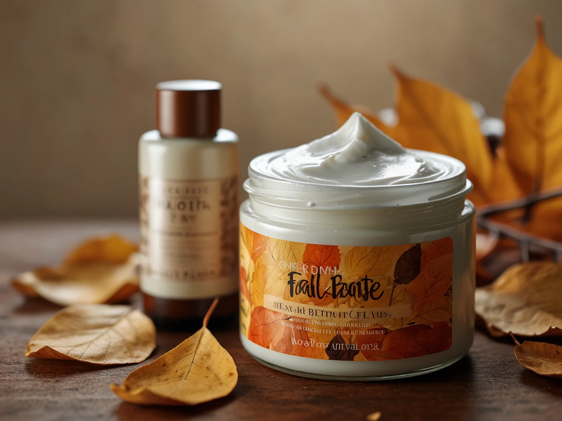 A cozy fall skincare scene with moisturizing products such as shea butter and coconut oil. The image features autumn leaves and warm colors, representing the need for nourishment and revitalization.