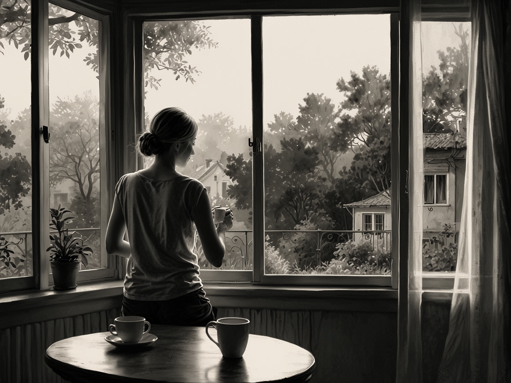 A serene morning scene showing a person enjoying a cup of tea by a window, contemplating life's simple joys like the soft breeze and the sounds of nature outside.