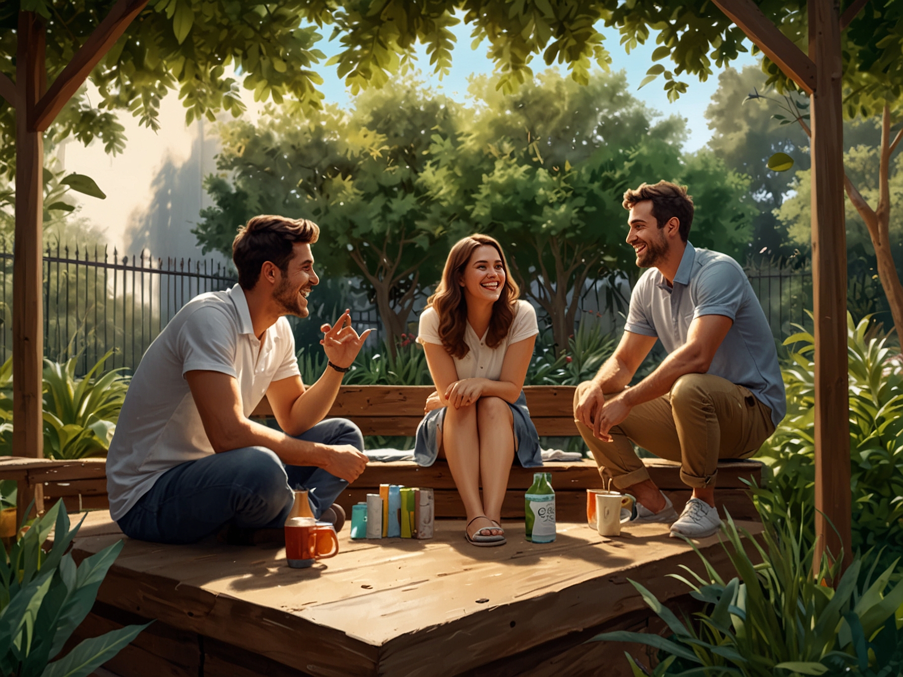 An inviting outdoor space with greenery, where a group of friends is sharing laughter and positive interactions, embodying the beauty of meaningful relationships.