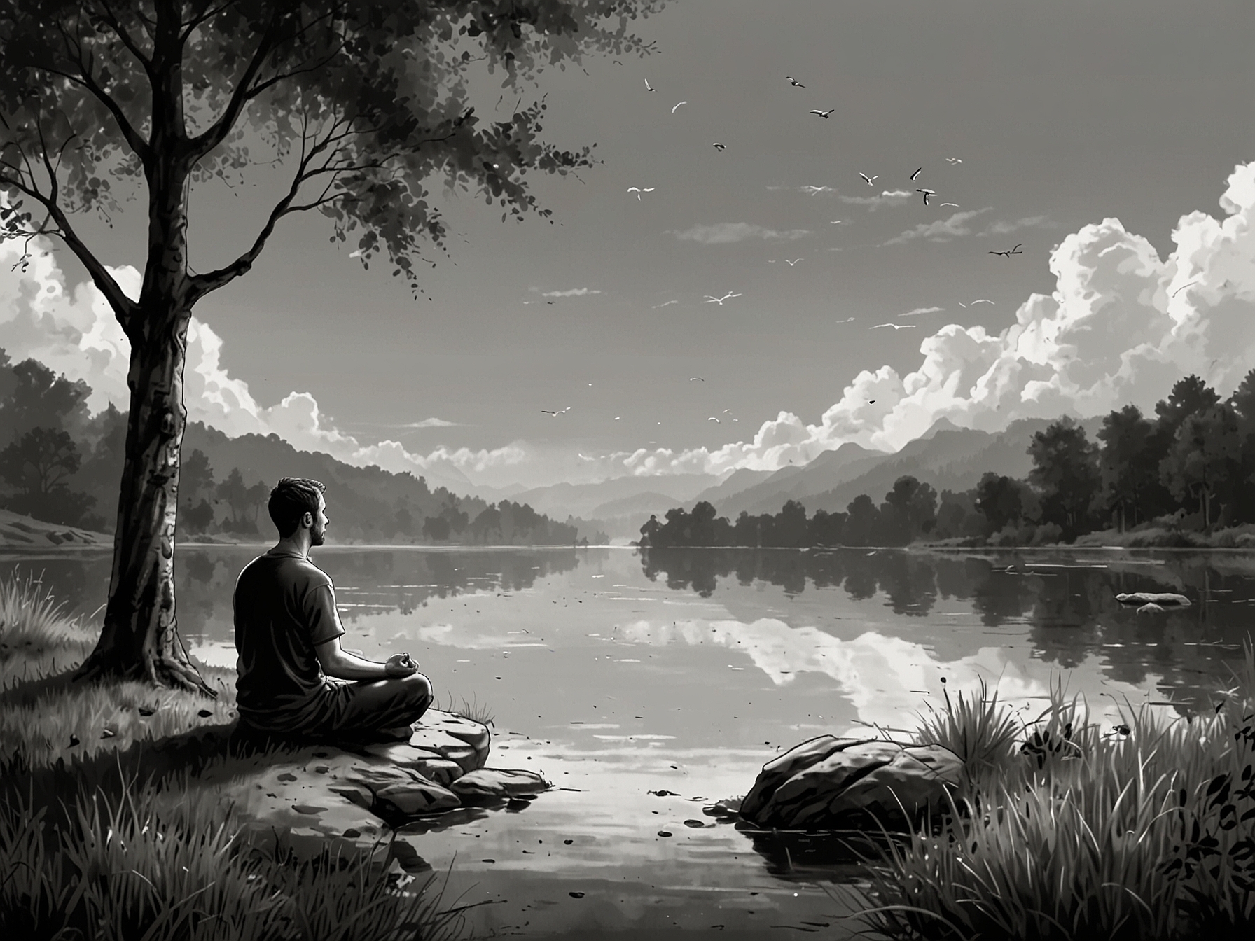 A peaceful landscape capturing someone meditating in nature, illustrating the importance of taking time for oneself, reflecting on life, and rejuvenating the soul.