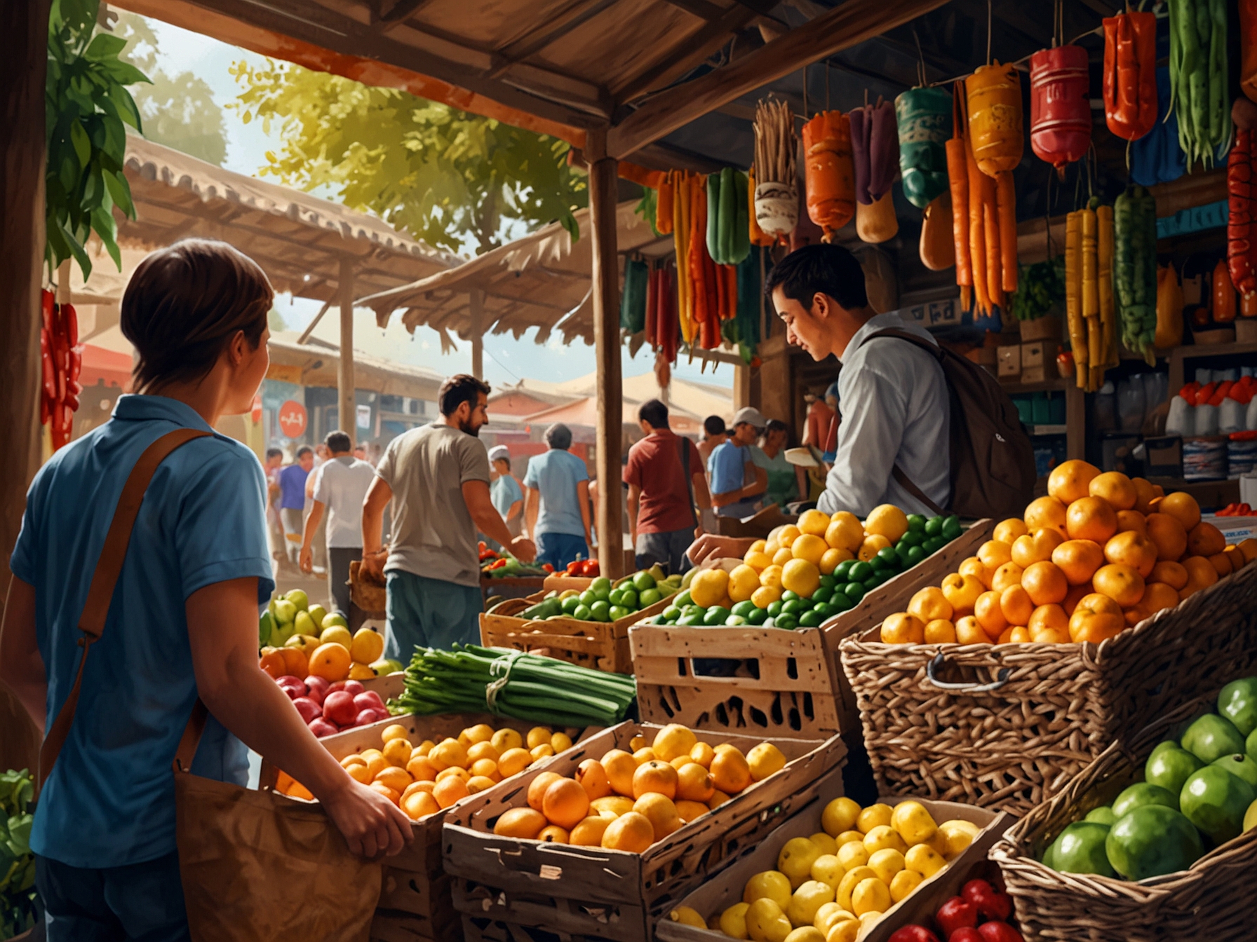 A traveler enjoying a vibrant local market, surrounded by colorful stalls selling fresh produce and traditional handicrafts, capturing the essence of cultural exploration.