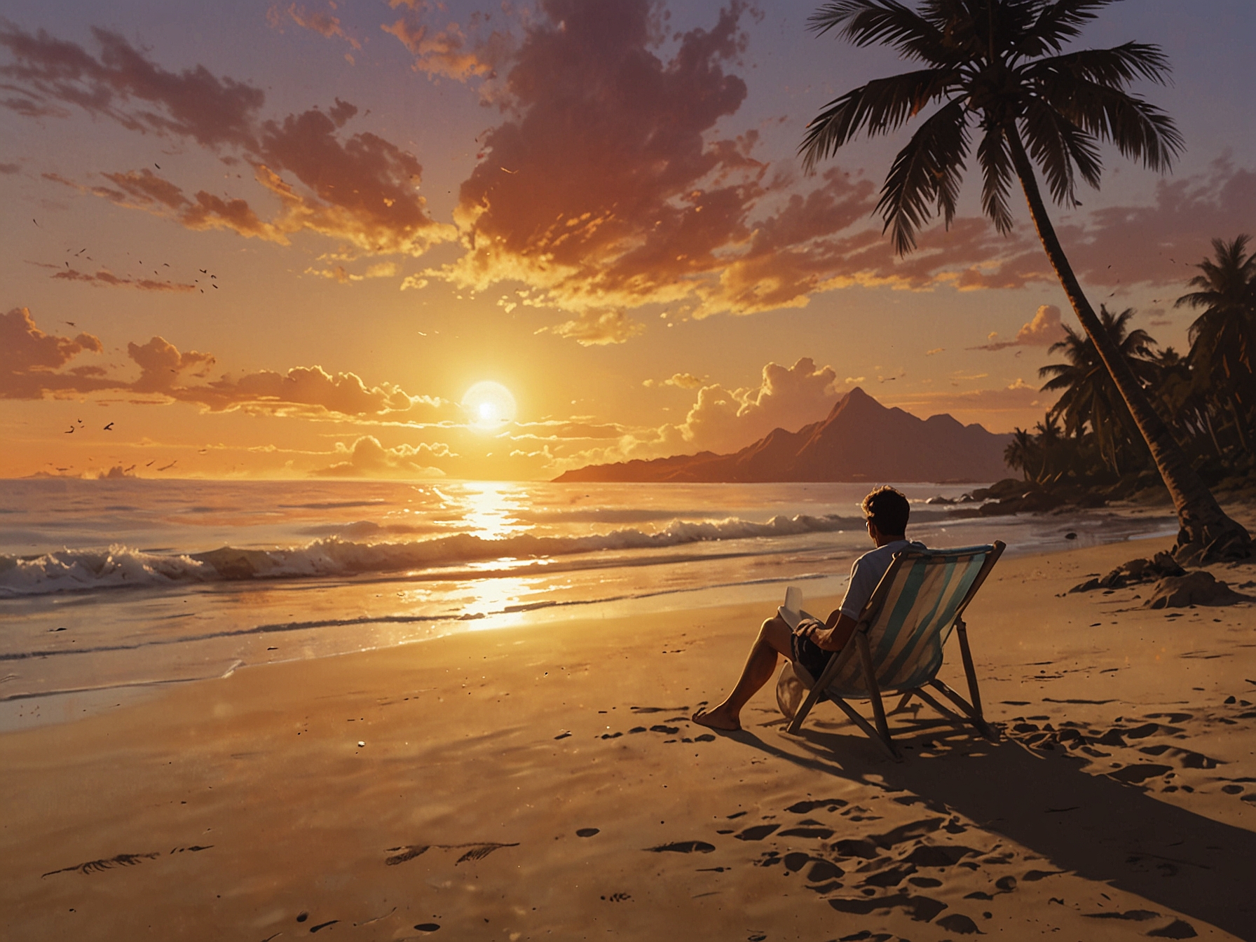 A stunning sunset view from a tropical beach, where a lone traveler sits on the sand, reflecting on their journey and the beauty of nature during their adventures.