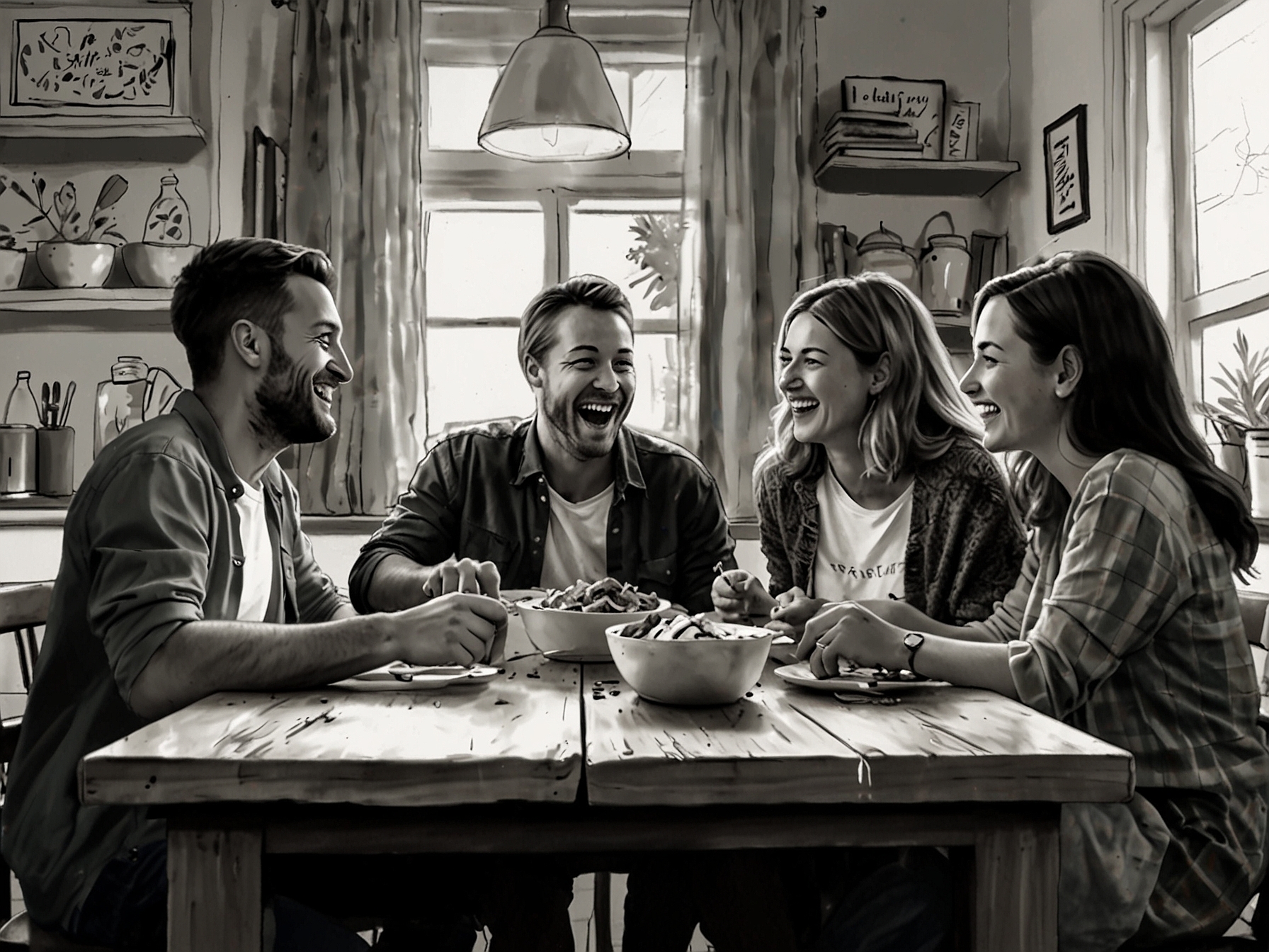 A group of friends sharing laughter and stories around a table filled with delicious local dishes, showcasing the joy of experiencing new culinary delights together.