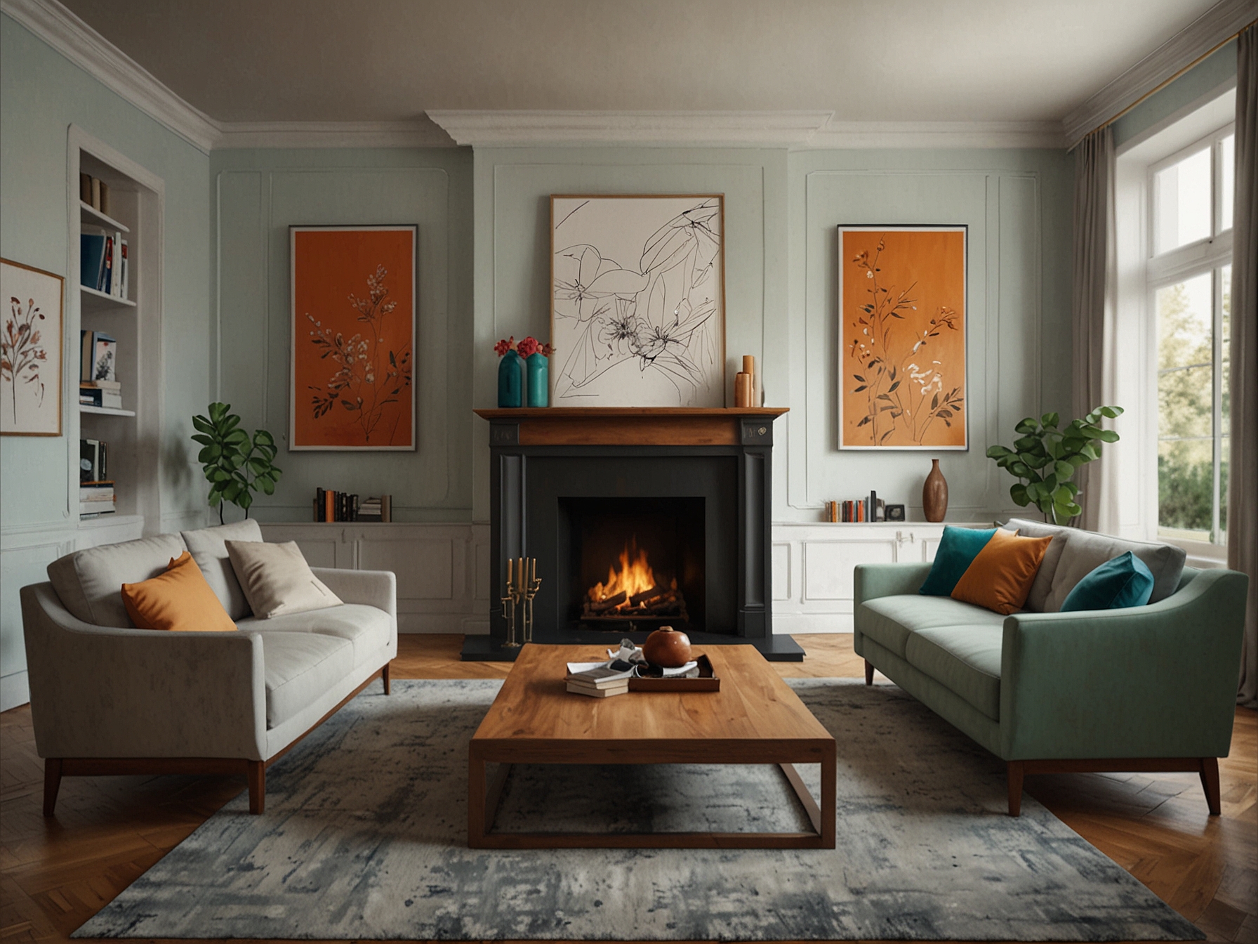 A beautifully decorated living room showcasing a blend of colors, furniture styles, and natural light, representing a harmonious artistic space.