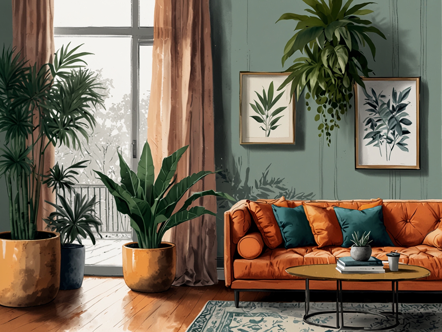 A close-up of vibrant decor elements including plants, modern furniture, and art pieces that reflect individuality and creativity in home styling.