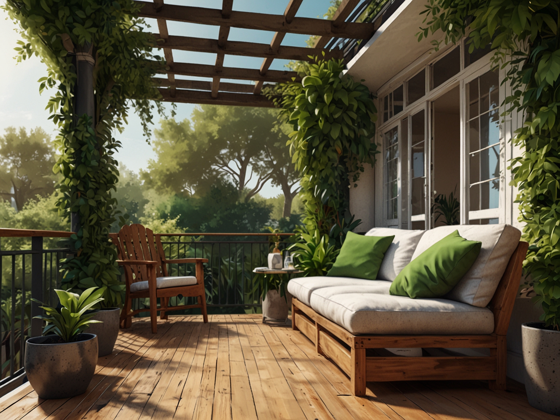 An inviting outdoor balcony adorned with lush greenery and tasteful furniture, illustrating the integration of nature into home decor and relaxation spaces.