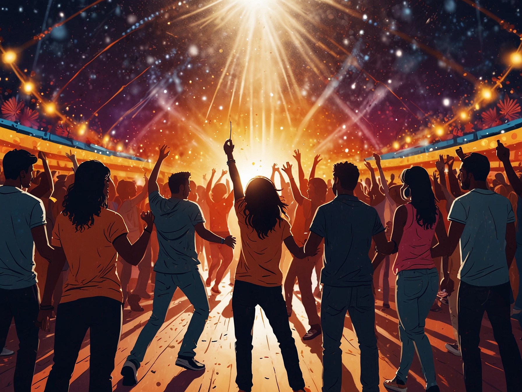 A vibrant music festival scene where people dance joyfully, showcasing the power of music to connect and uplift spirits through shared experiences.