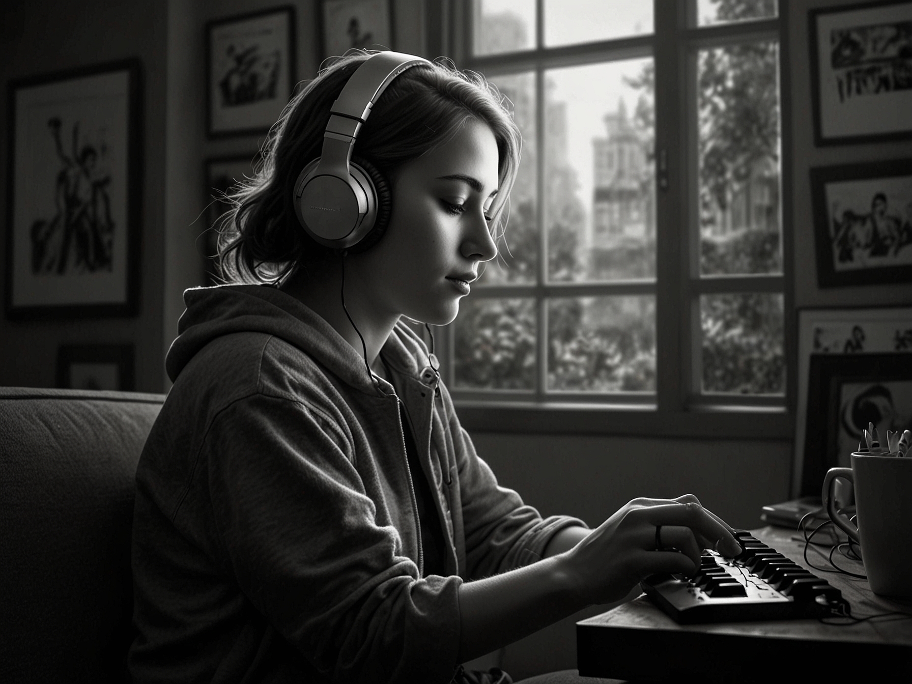 An intimate setting where a person is lost in their own world while listening to music through headphones, highlighting the personal emotional escape that music provides.