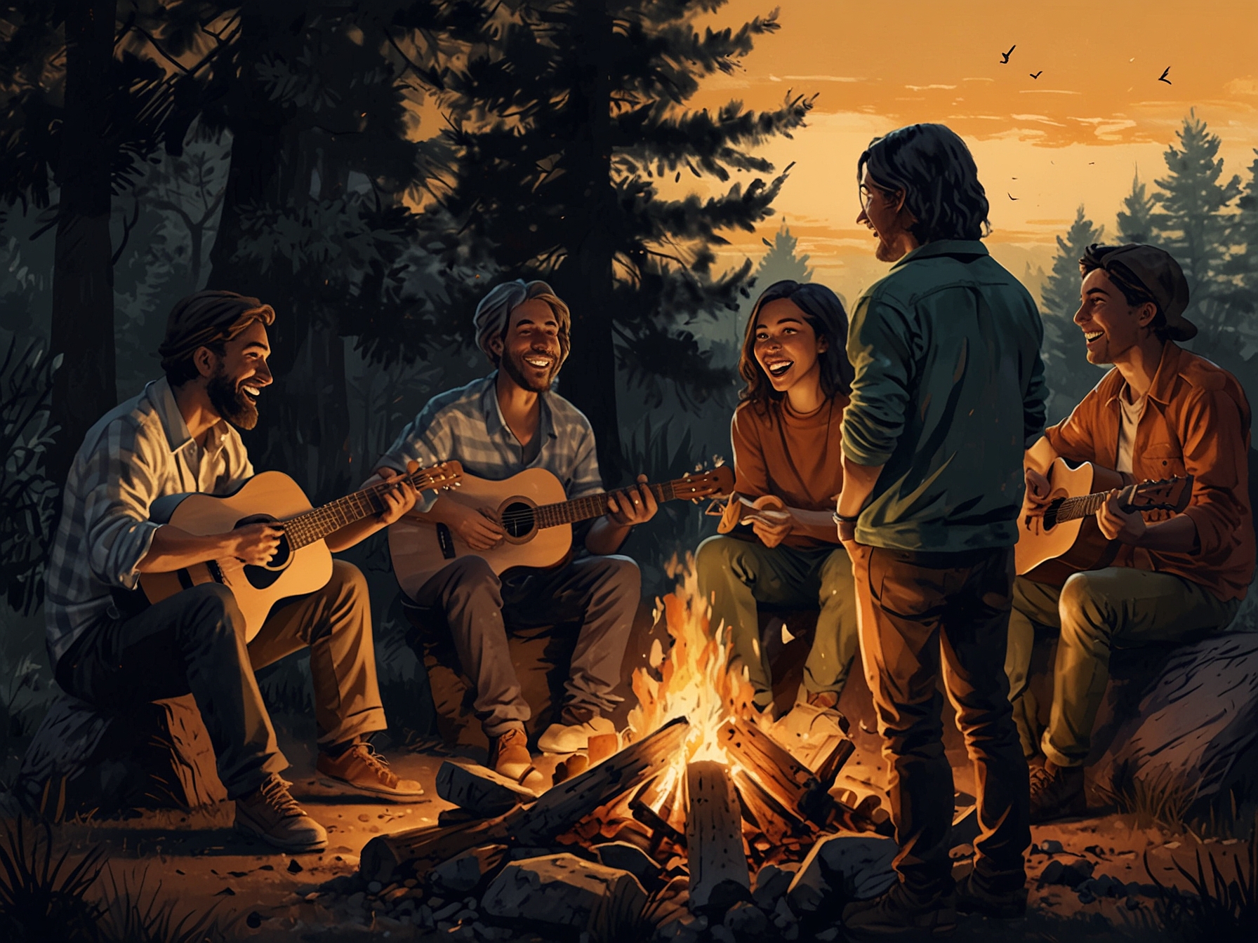 A diverse group of friends gathered around a campfire, singing and playing instruments together, illustrating the communal joy and connection fostered by music.