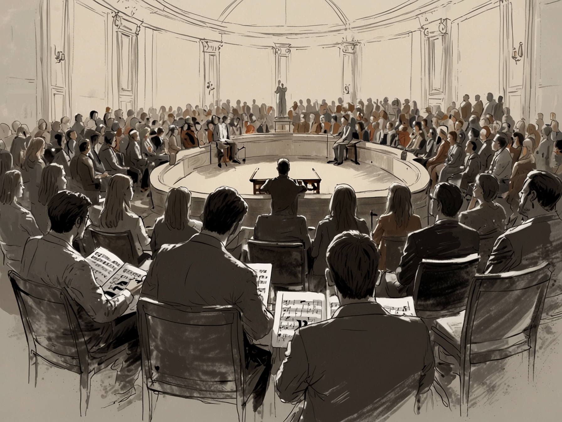 A serene setting with people gathered for a classical music concert, where the ambiance of the event evokes profound feelings and a sense of unity.