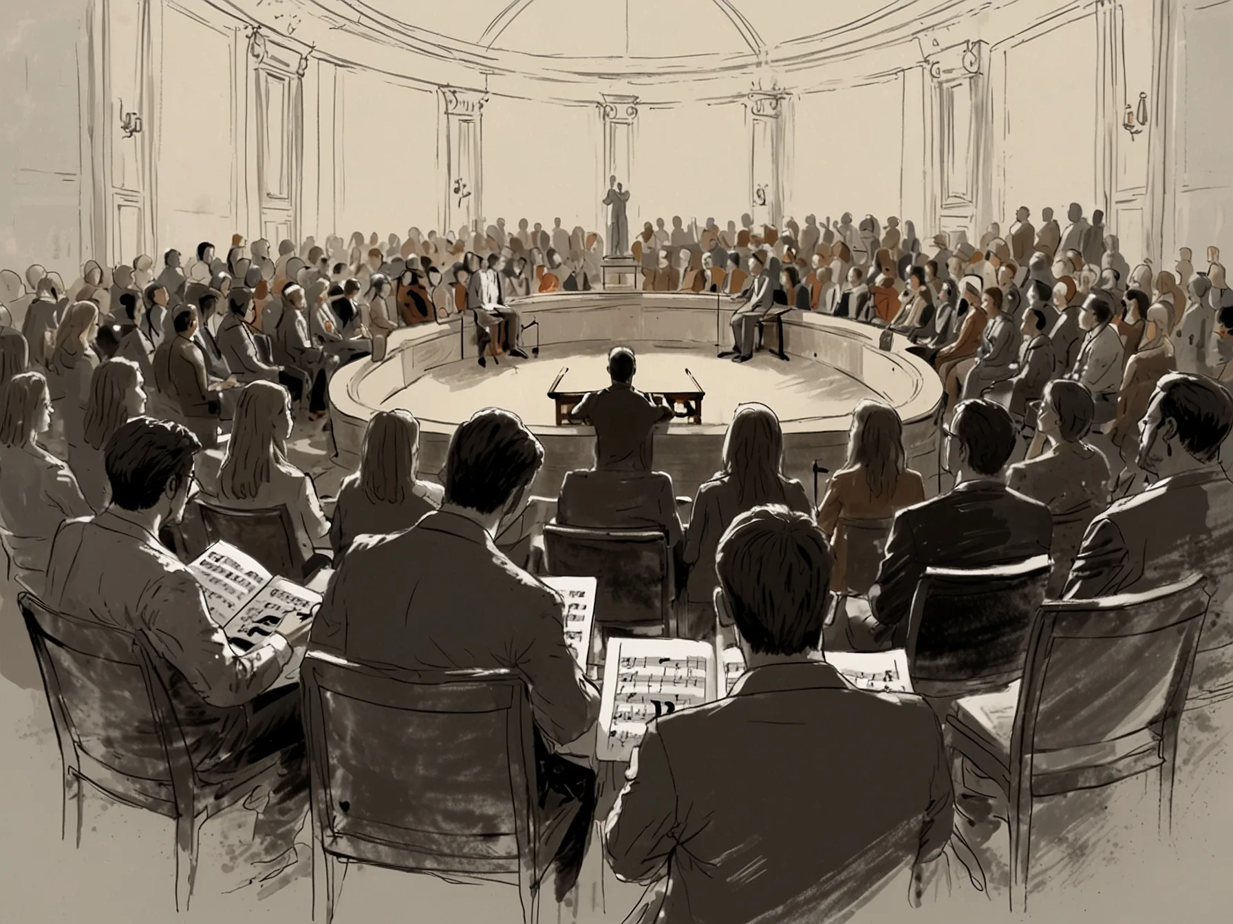 A serene setting with people gathered for a classical music concert, where the ambiance of the event evokes profound feelings and a sense of unity.