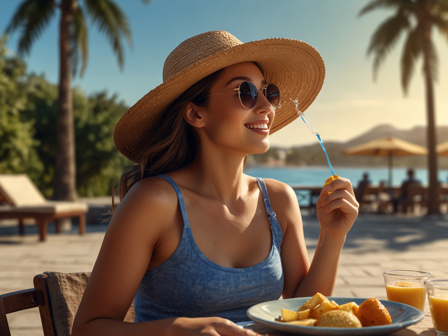 A sunny outdoor scene showcasing a person applying sunscreen while enjoying a healthy snack, emphasizing the importance of sun protection and nutrition for skin health.