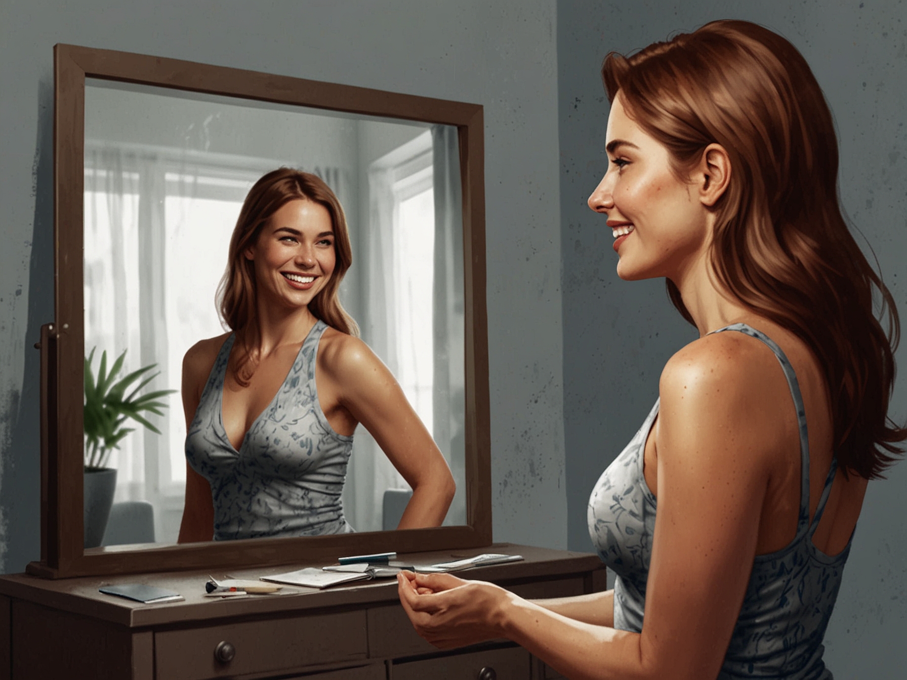 A confident woman smiling in front of a mirror, embracing her unique body shape, showcasing self-love and positivity towards body image.