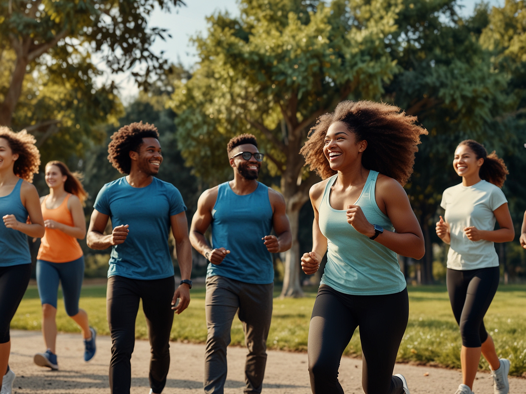 A diverse group of people engaging in a fun outdoor exercise session, highlighting how an active lifestyle contributes to both physical health and self-esteem.