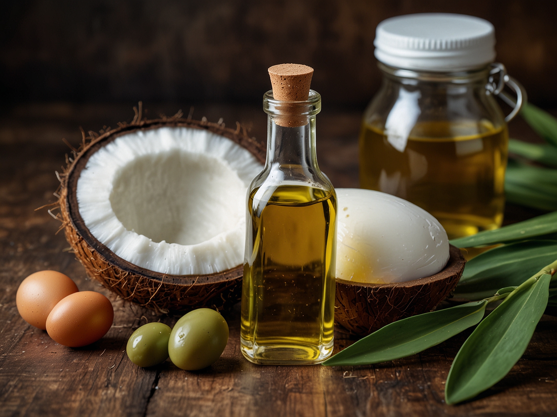 An arrangement of natural hair treatment ingredients like coconut oil, olive oil, and eggs, illustrating traditional methods to nourish and revitalize dry, damaged hair.