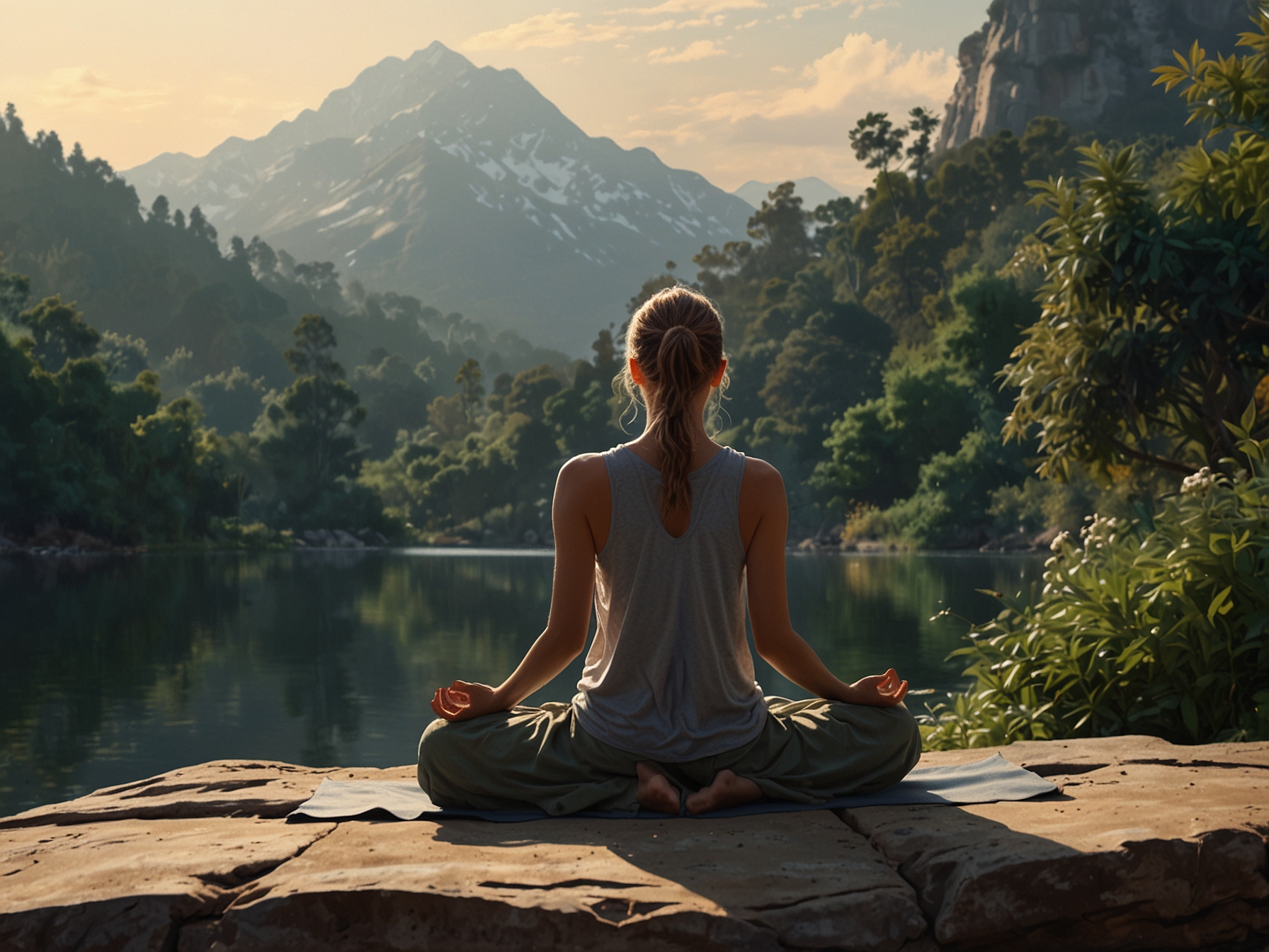 A serene scene of a person practicing yoga in a natural setting, emphasizing the connection between relaxation, mental health, and achieving beautiful, healthy hair.