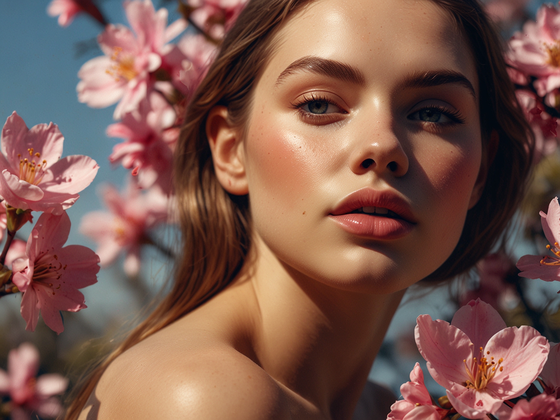 A vibrant spring scene showcasing blooming flowers and a woman with fresh, glowy skin applying light makeup with shades of pink, embodying the essence of spring beauty.