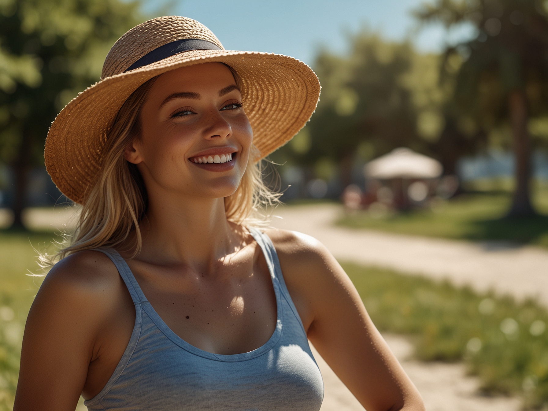 A sunny summer day where a confident woman enjoys outdoor activities wearing a sun hat, applying sunscreen to protect her skin while maintaining a fresh appearance.