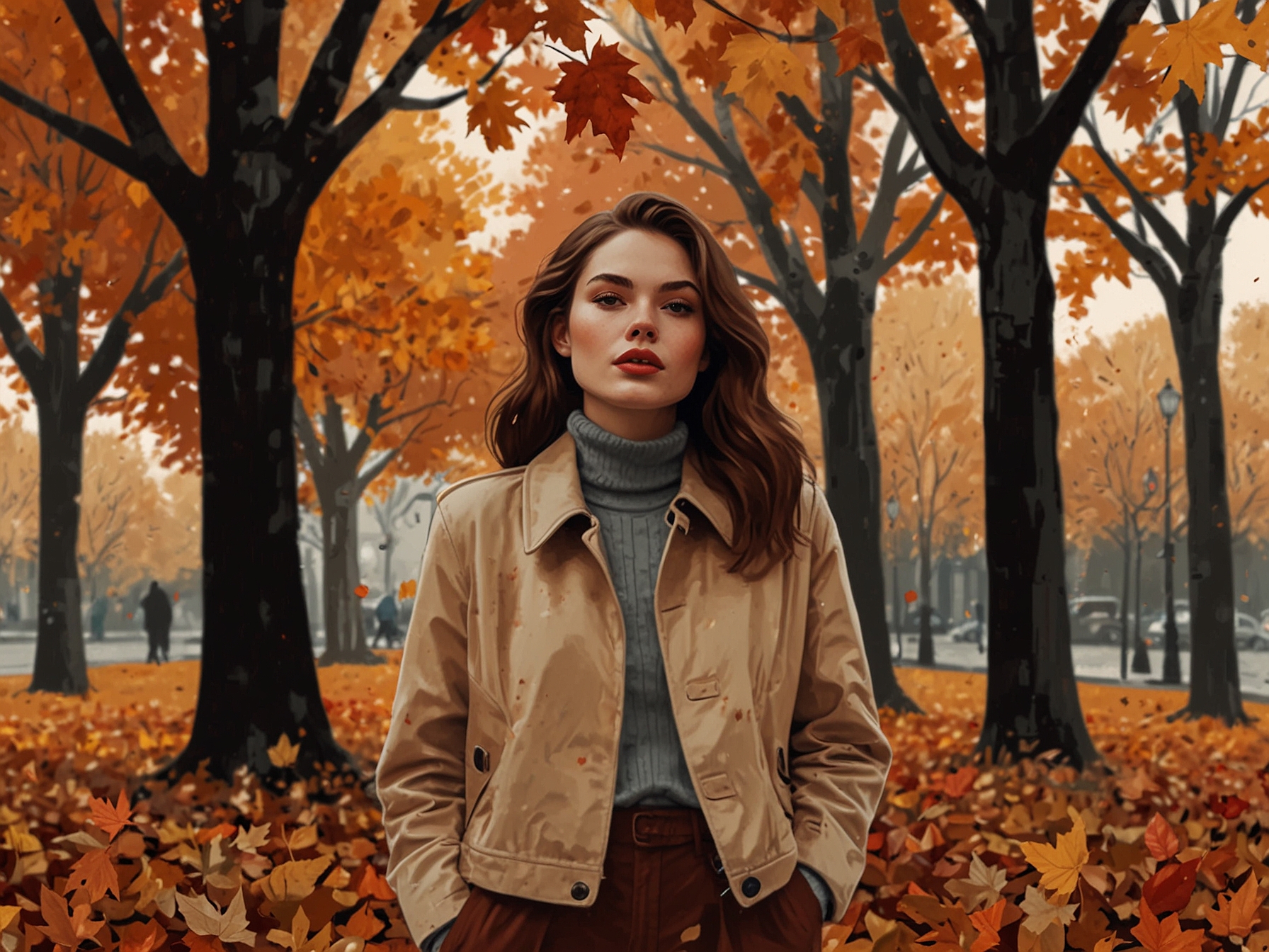 An autumn setting filled with fallen leaves, featuring a woman wearing warm-toned makeup with rosy cheeks and brick-red lips, representing the cozy vibe of the season.