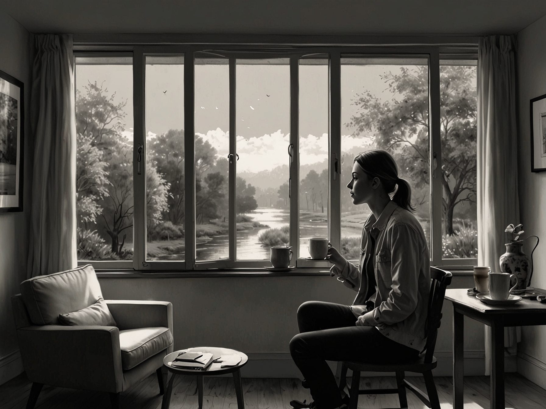 A serene morning scene with a person enjoying a warm cup of tea, gazing out the window, embodying the simplicity and beauty of life’s small moments.