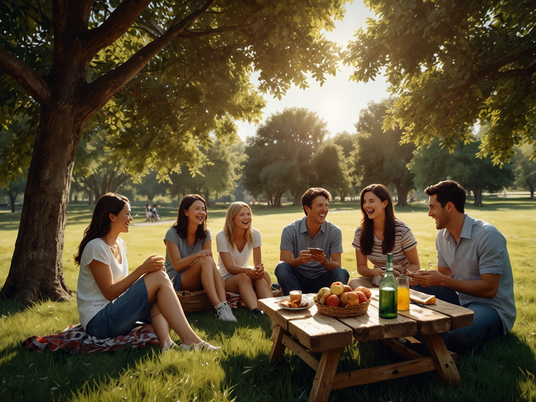 An outdoor setting where friends and family are laughing and enjoying a picnic, highlighting the importance of spending quality time with loved ones.