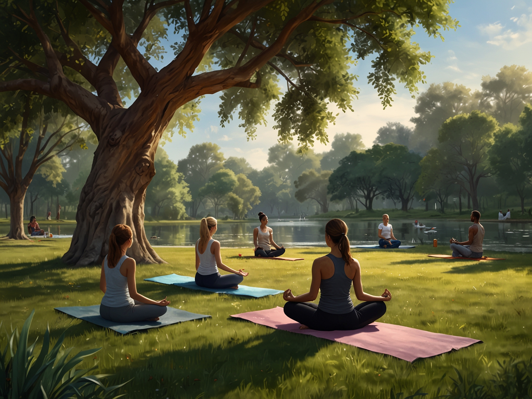 A tranquil yoga practice in a peaceful park, illustrating the significance of mindfulness and being present in the moment for a balanced life.