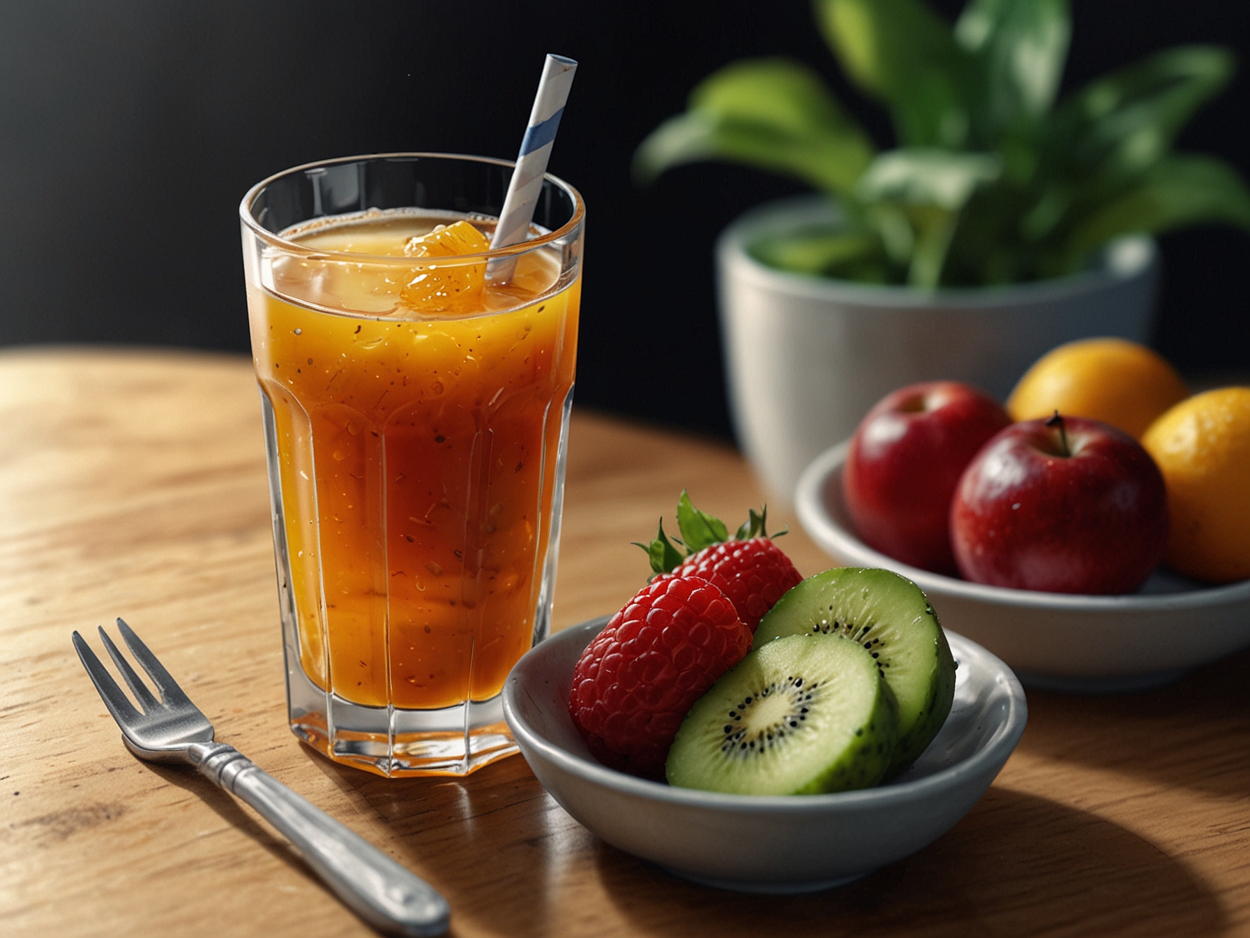 A refreshing glass of natural fruit juice placed next to a vibrant salad, symbolizing the balance between pleasure and health in the 'ăn sung uống sướng' lifestyle.