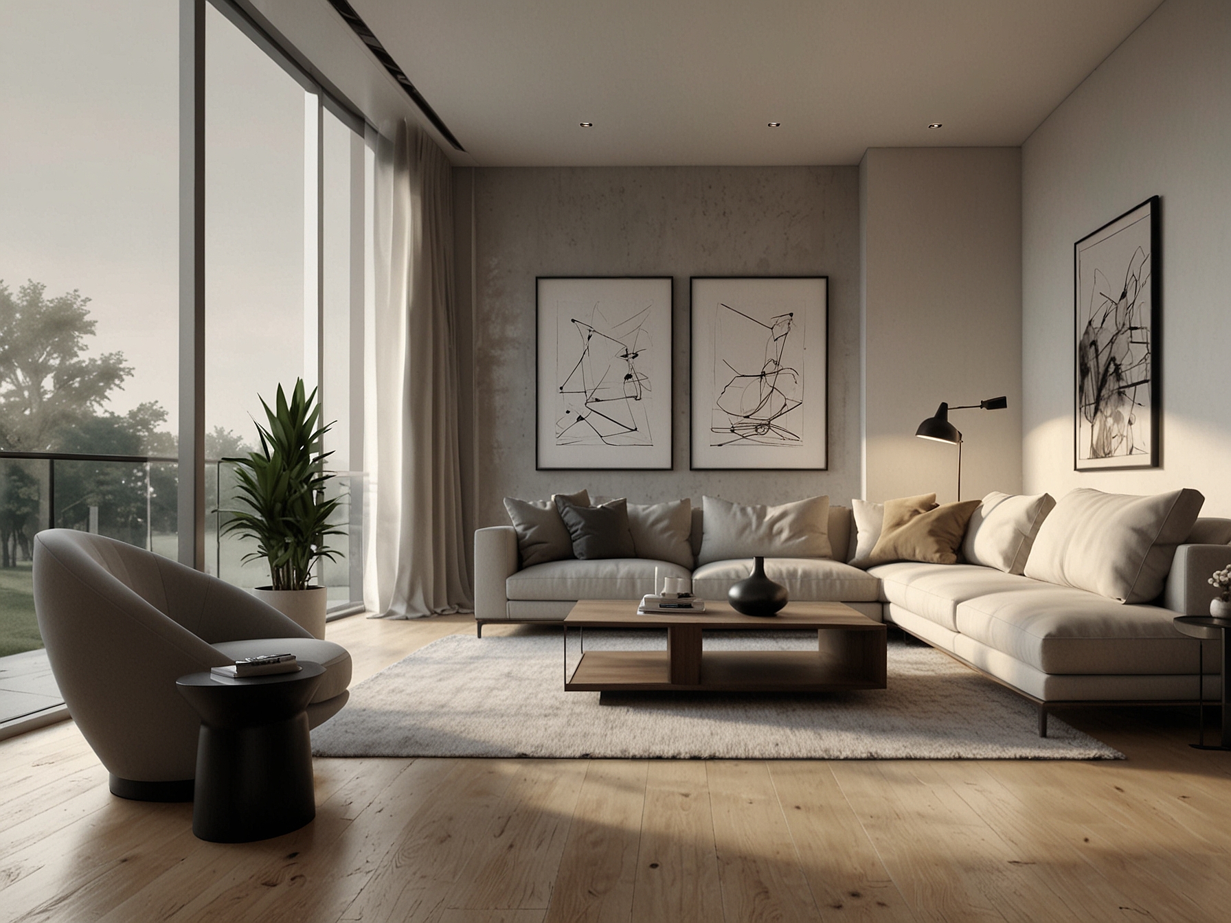 A modern minimalistic room featuring neutral colors, sleek furniture, and a spacious layout that illustrates the clean and airy aesthetic of contemporary design.