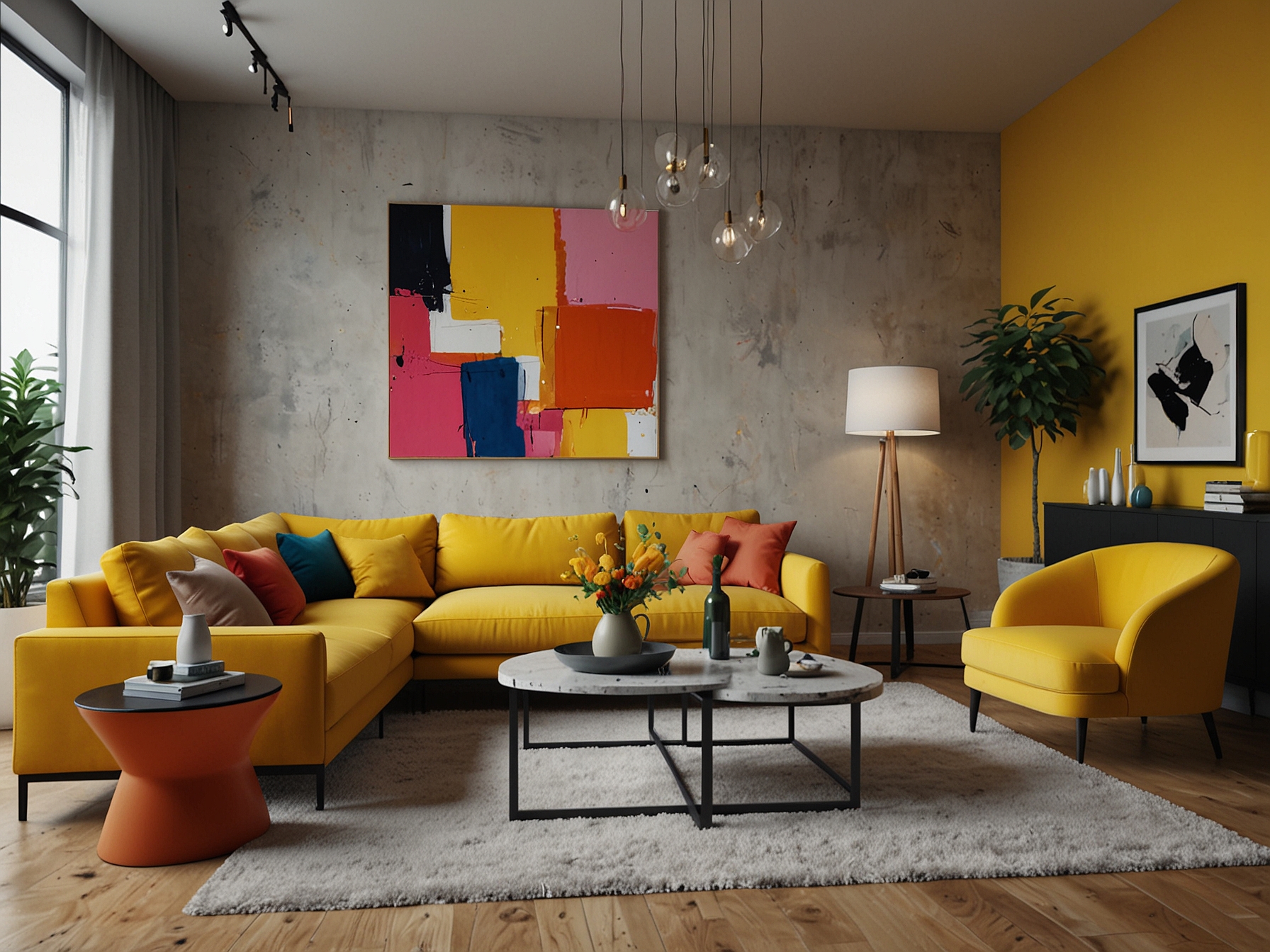 An inviting living space adorned with bright and bold furniture pieces, such as a vibrant yellow sofa and colorful abstract art, representing the lively color trends of 2023.