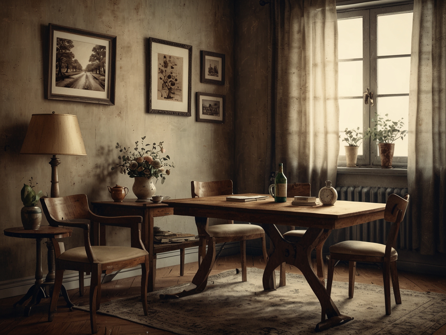 A cozy corner showcasing vintage decor, including an old wooden table paired with modern chairs and framed vintage photographs, blending new and old styles beautifully.