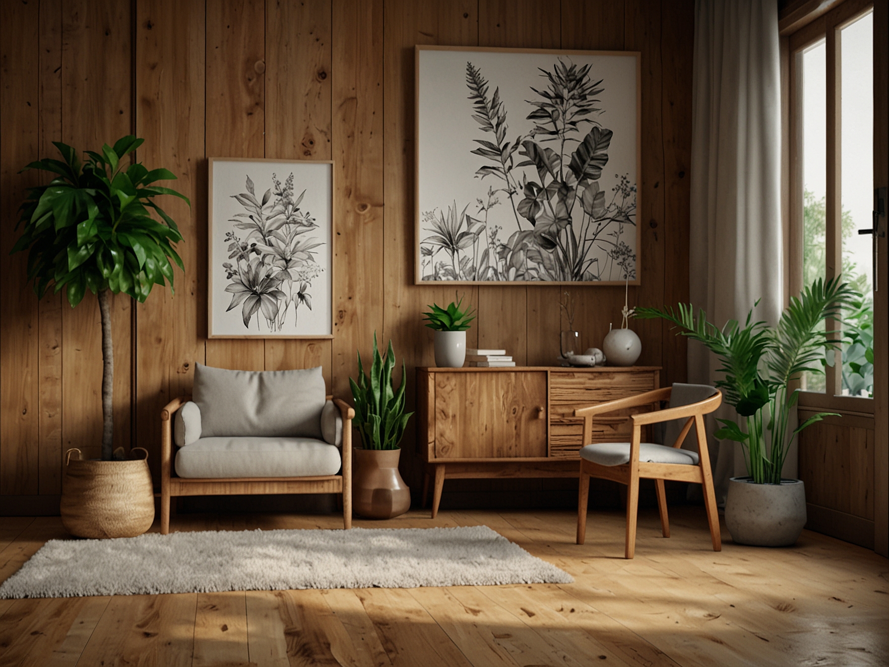 A natural material setting with wooden furniture and decorative plants, emphasizing the eco-friendly approach and connection to nature in home decor for 2023.